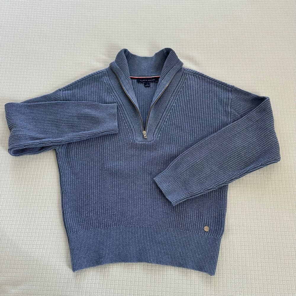 Tommy Hilfiger Women's Ribbed Quarter Zip Blue Sweater Size M